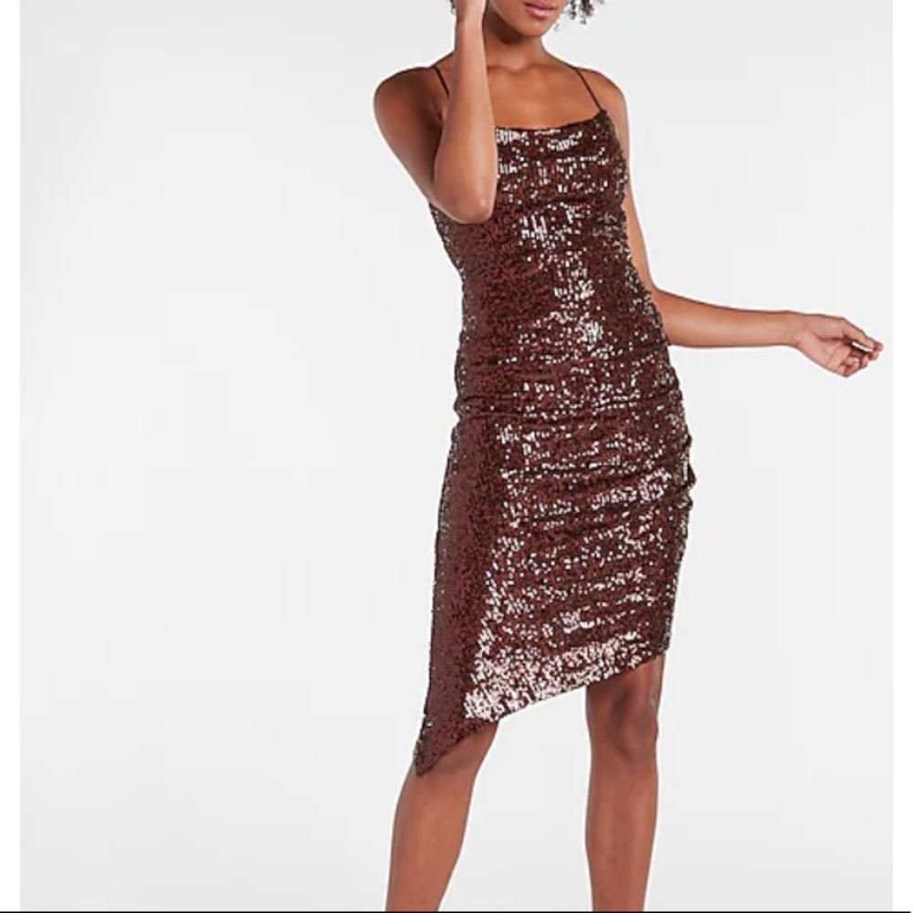 NWT Express Brown Sequin Cowl Neck Slip Dress Rich Espresso Size XS